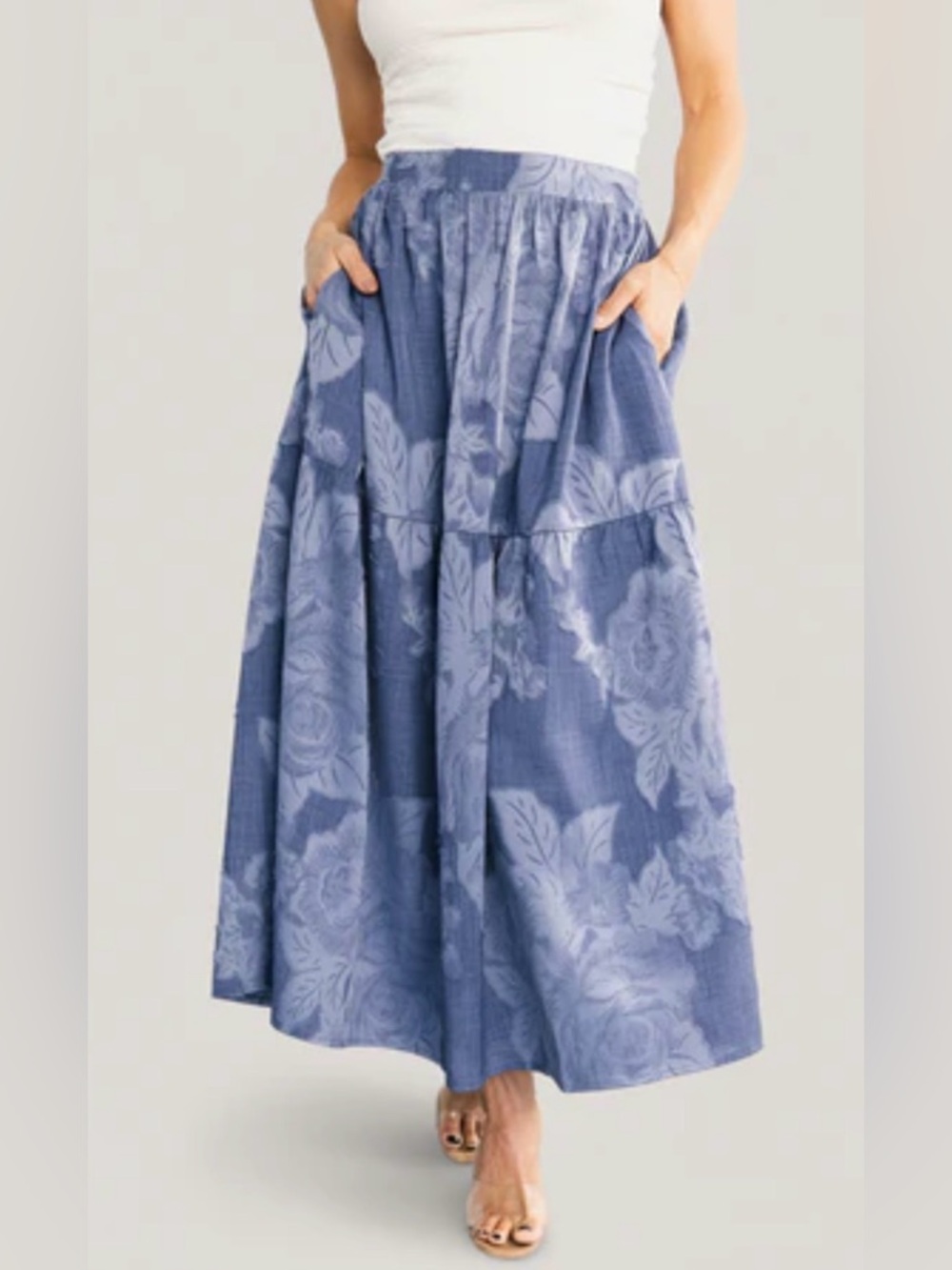 A412. Blue Floral Tiered Midi Skirt
